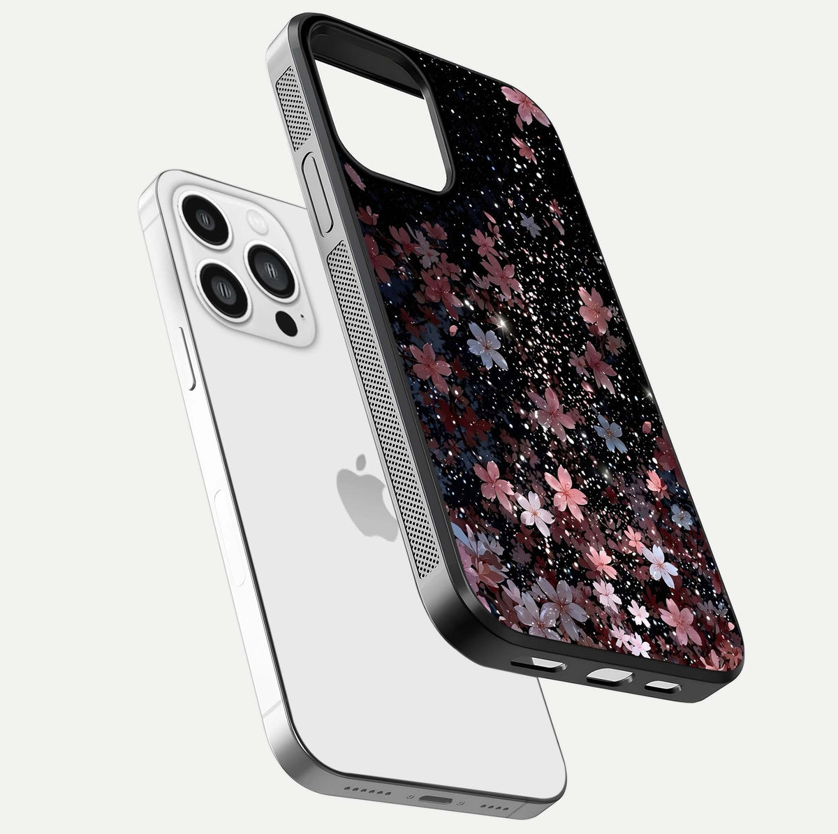 Starlit Flower Dreams Glass Case for iPhone 13 Pro Max floating dual-view mockup displaying gloss and print clarity