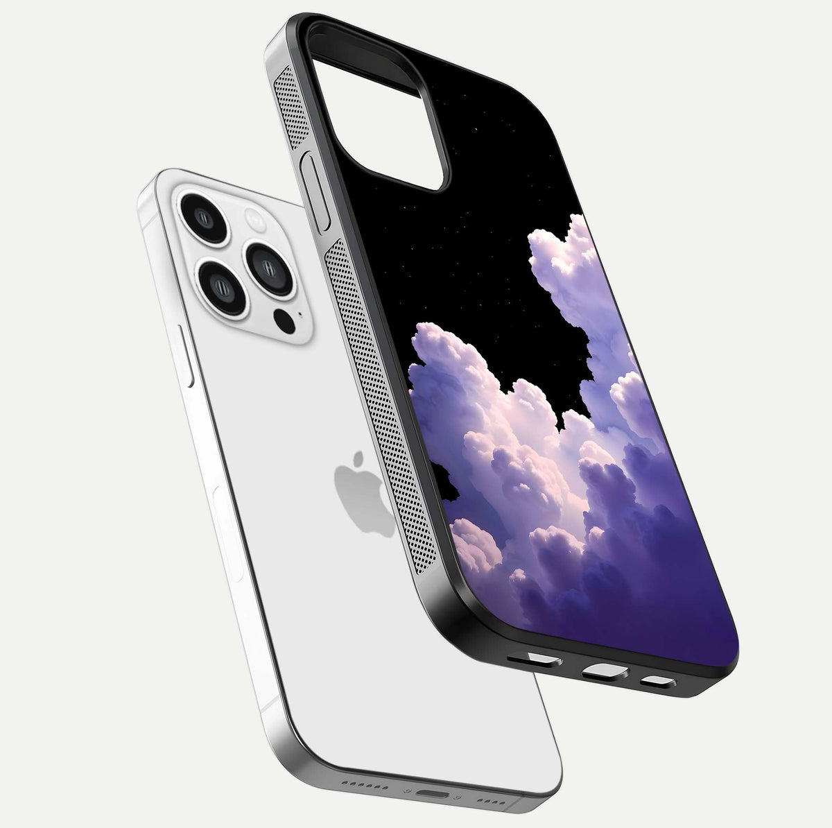 Starlit Night Whispers Glass Case for iPhone 13 Pro Max floating dual-view mockup displaying gloss surface and depth