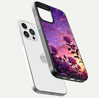 Starlit Rose Twilight Glass Case for iPhone 13 Pro Max floating dual-view mockup displaying gloss shine and depth