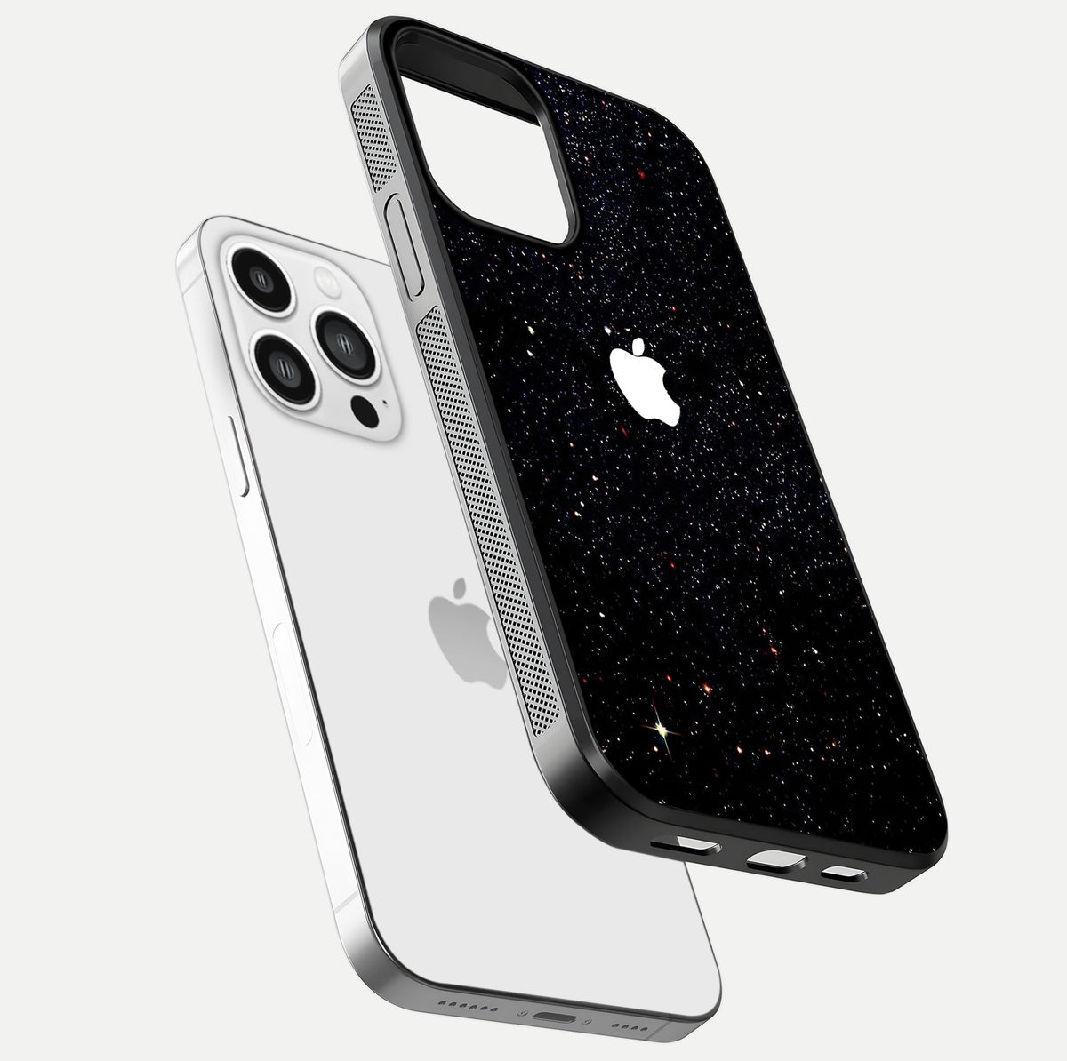 Starry Apple Galaxy Glass Case for iPhone 13 Pro Max floating dual-view mockup displaying reflection and shine