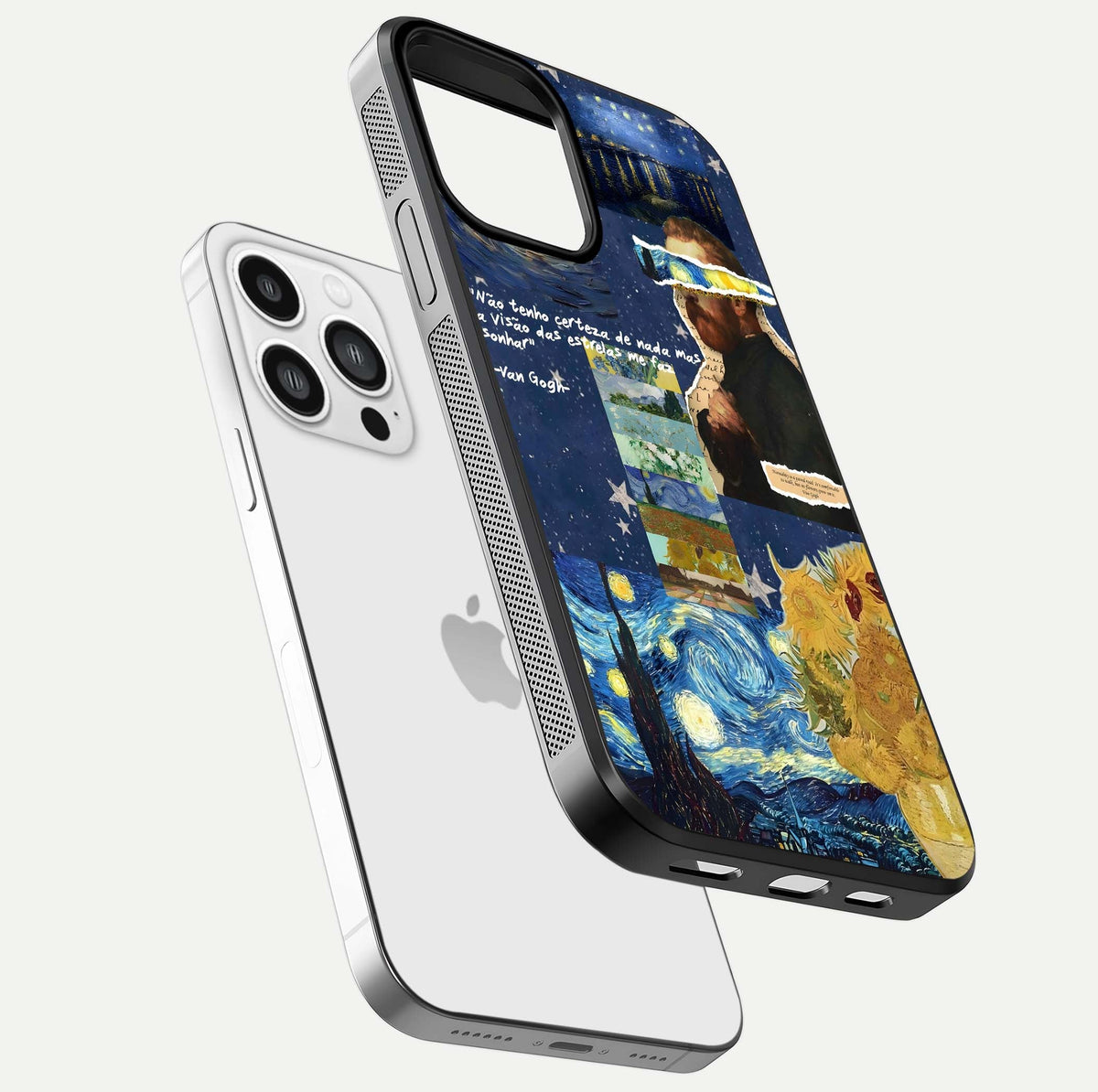 Starry Dream Vision Glass Case for iPhone 13 Pro Max floating dual-view mockup displaying gloss surface and clarity