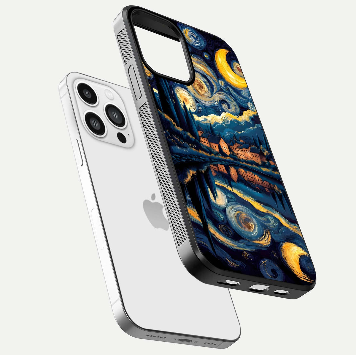 Starry Sky Serenity Glass Case for iPhone 13 Pro Max floating dual-view mockup displaying gloss texture and shine