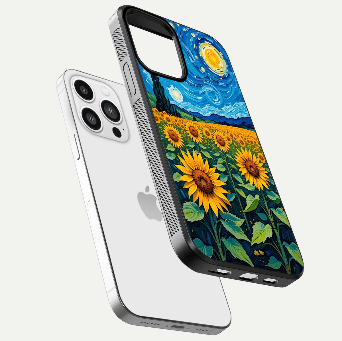 Starry Sunflower Dreams Glass Case for iPhone 13 Pro Max floating dual-view mockup displaying gloss and vivid print