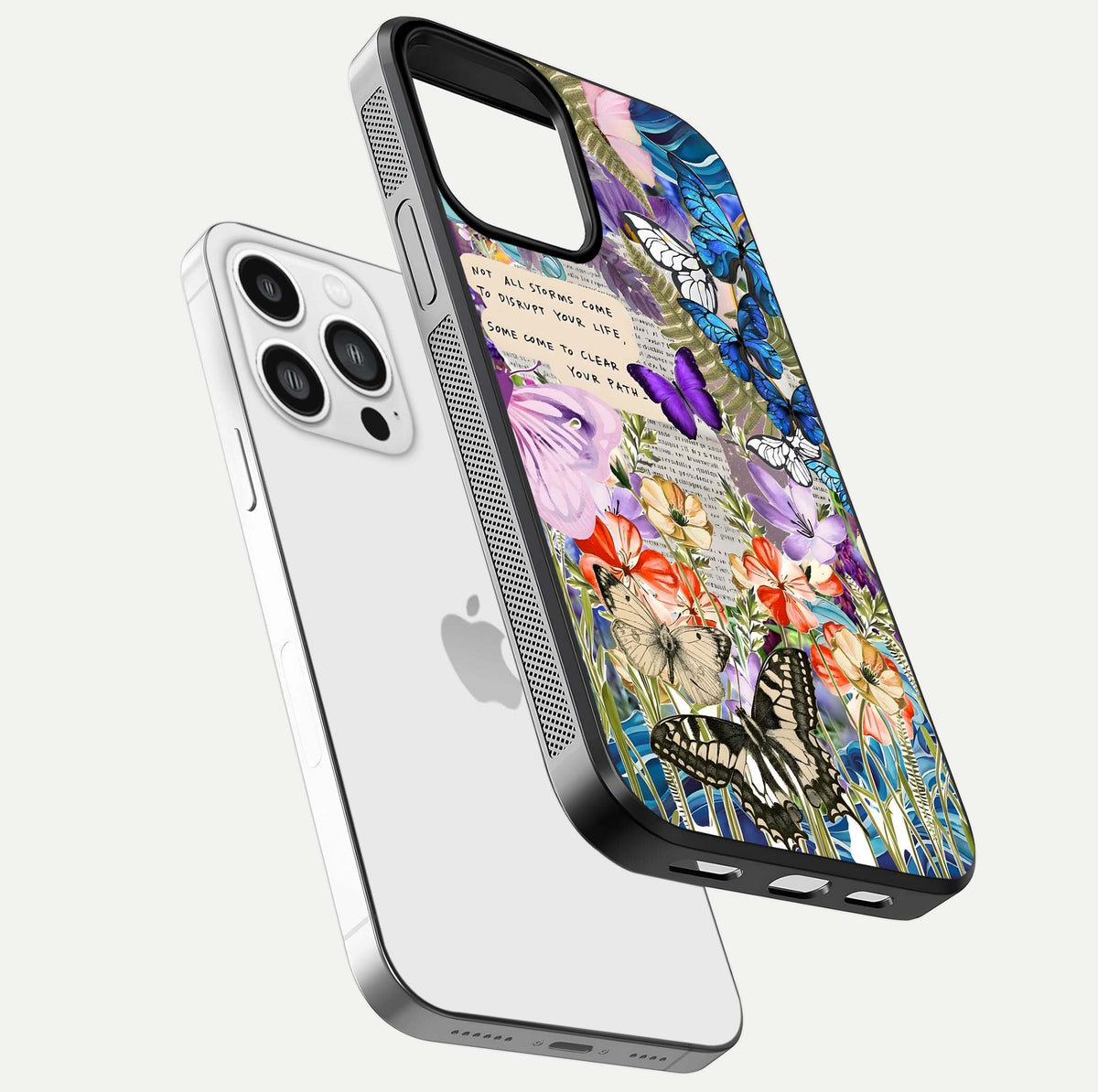 Storm Path Bloom Glass Case for iPhone 13 Pro Max floating dual-view mockup displaying gloss and pattern depth