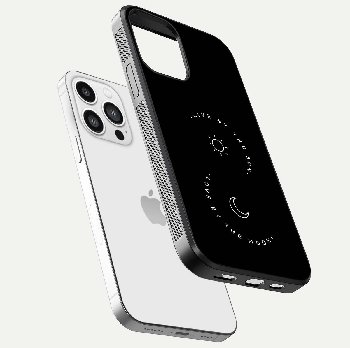 Sun Moon Balance Glass Case for iPhone 13 Pro Max floating dual-view mockup displaying gloss surface and edge clarity