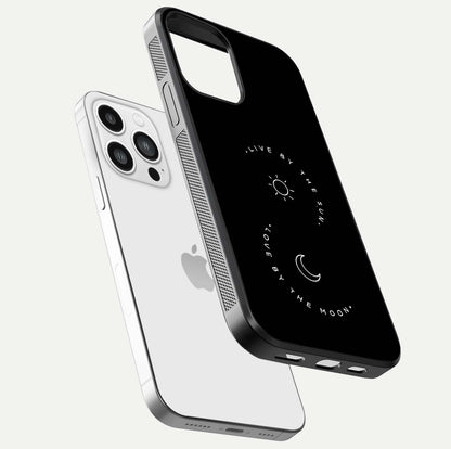 Sun Moon Balance Glass Case for iPhone 13 Pro Max floating dual-view mockup displaying gloss surface and edge clarity