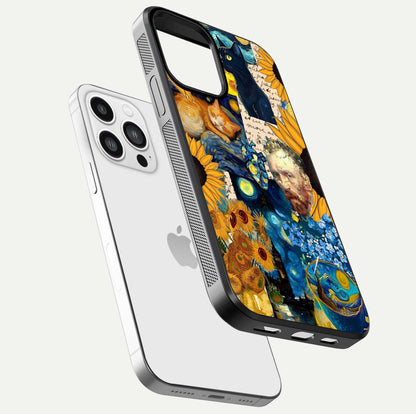 Sunflower Cat Art Glass Case for iPhone 13 Pro Max floating dual-view mockup displaying gloss shine and HD art print
