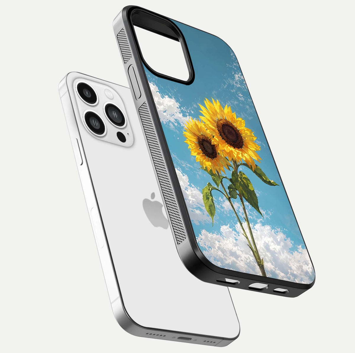 Sunflower Sky Bloom Glass Case for iPhone 13 Pro Max floating dual-view mockup displaying gloss shine and vibrant texture