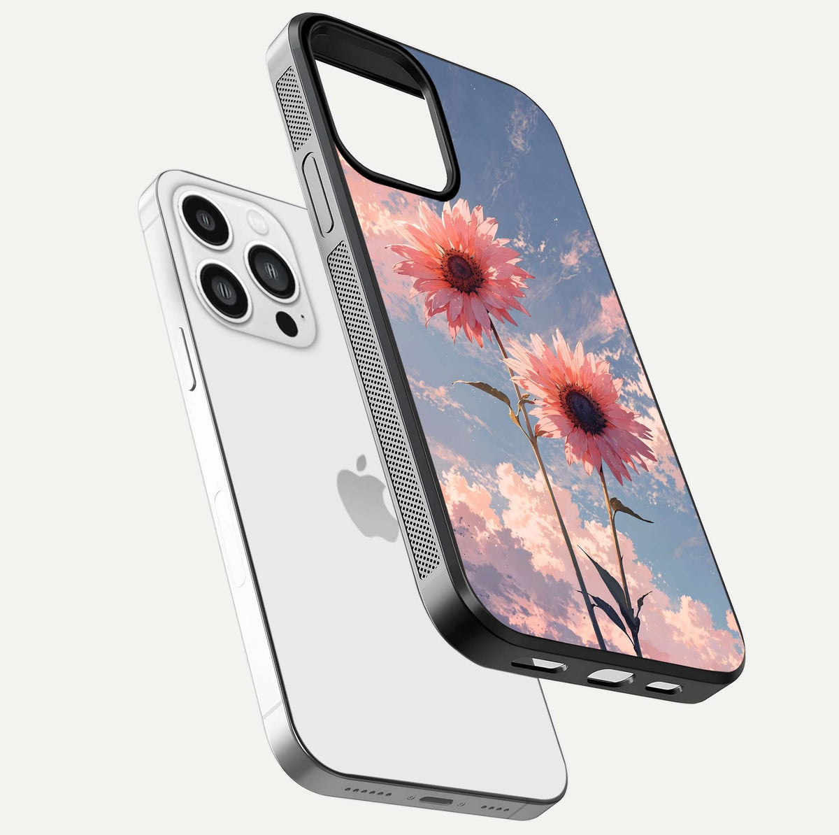 Sunlit Daisy Glow Glass Case for iPhone 13 Pro Max floating dual-view mockup displaying gloss finish and HD print