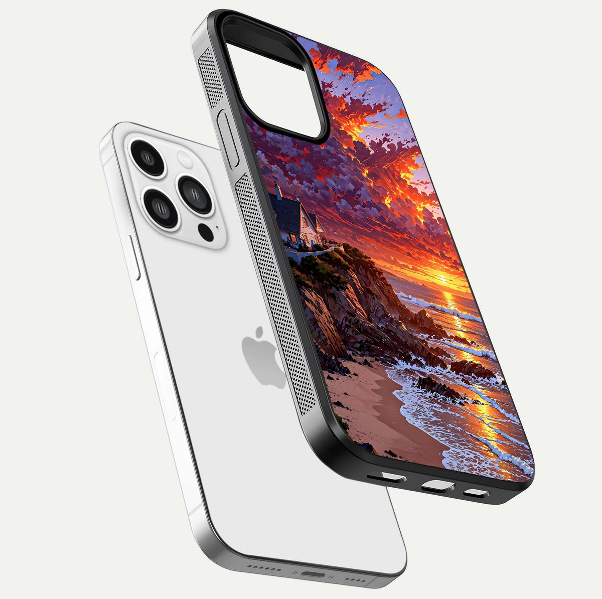 Sunset House by Sea Glass Case for iPhone 13 Pro Max floating dual-view mockup displaying gloss shine and depth