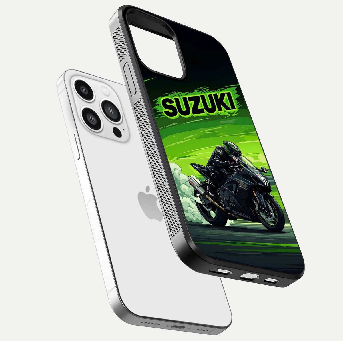 Sushi Food Pattern Glass Case for iPhone 13 Pro Max floating dual-view mockup displaying gloss and HD pattern