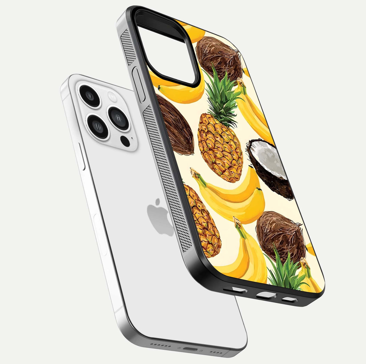 Triple Flowers With Sky Glass Case for iPhone 13 Pro Max floating dual-view mockup displaying gloss and soft hues