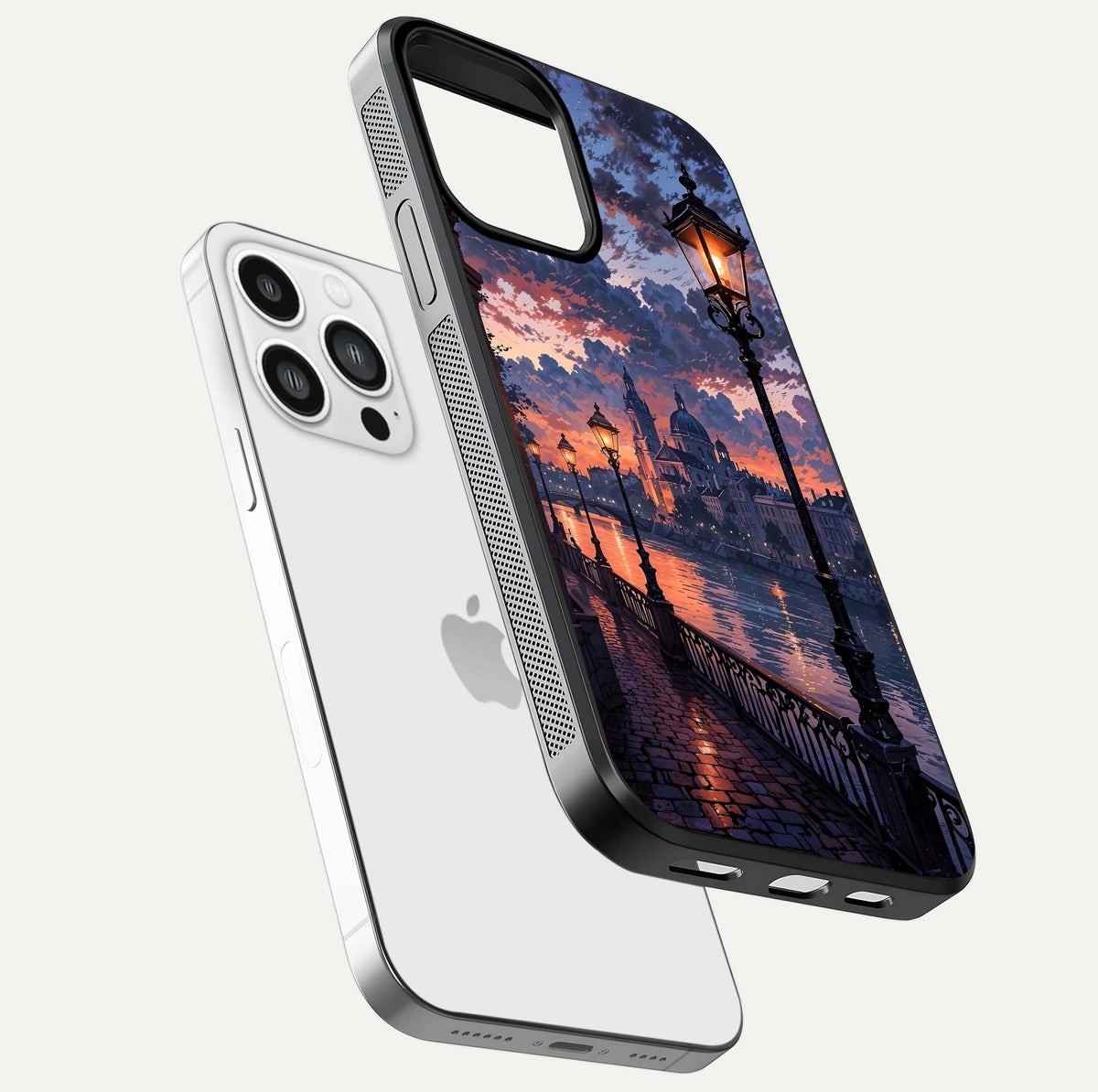 Twilight Garden Swing Glass Case for iPhone 13 Pro Max floating dual-view mockup displaying gloss and tone balance