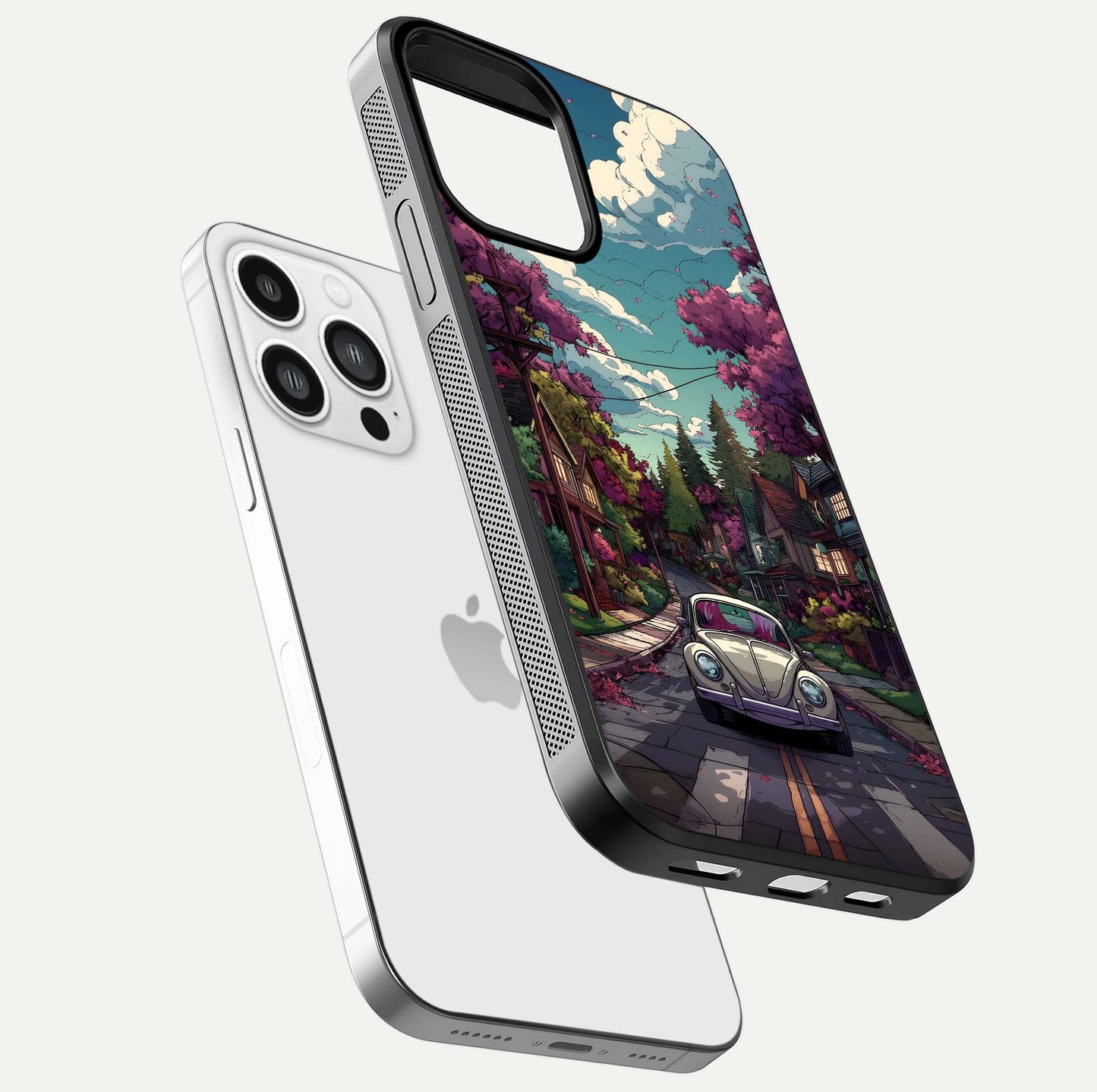 Vintage Street Drive Glass Case for iPhone 13 Pro Max floating dual-view mockup displaying gloss shine and texture