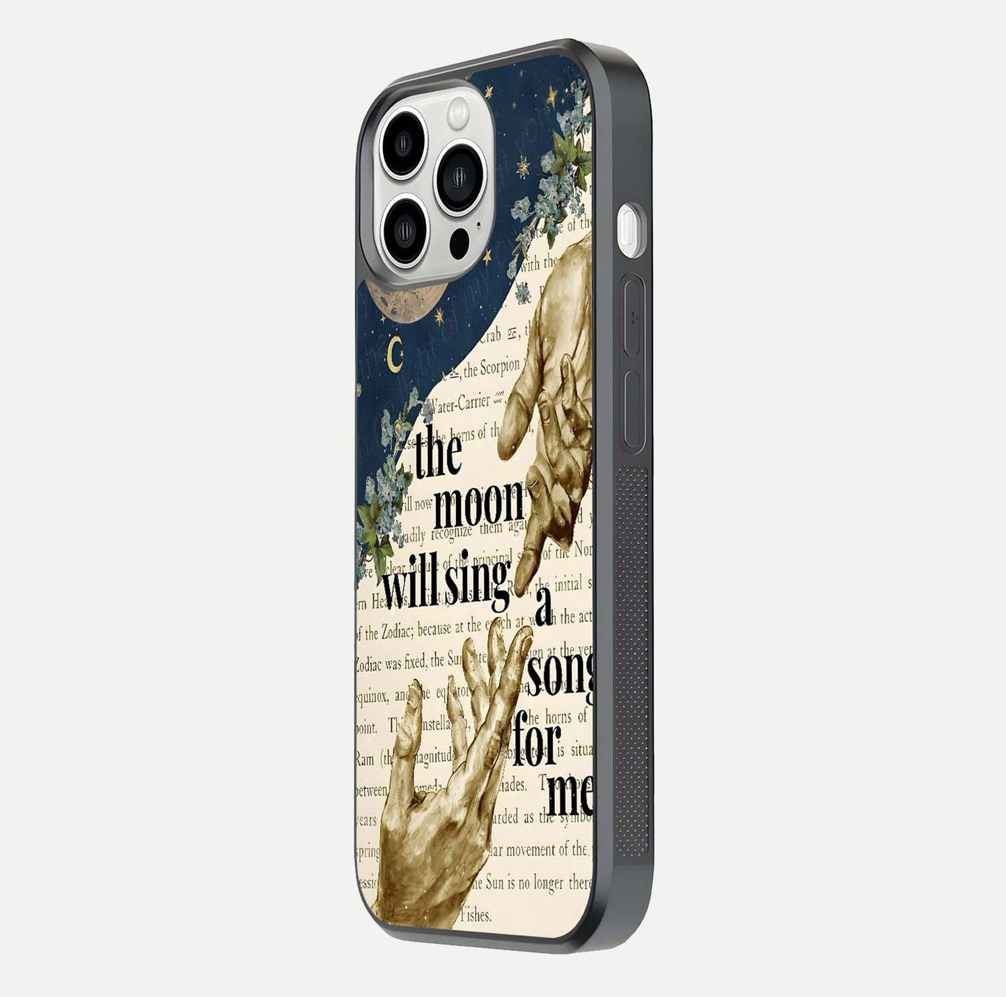 Aesthetic Divine Glass Case for iPhone 13 Pro Max side-angle image showing divine abstract design, camera module, and glossy finish reflection