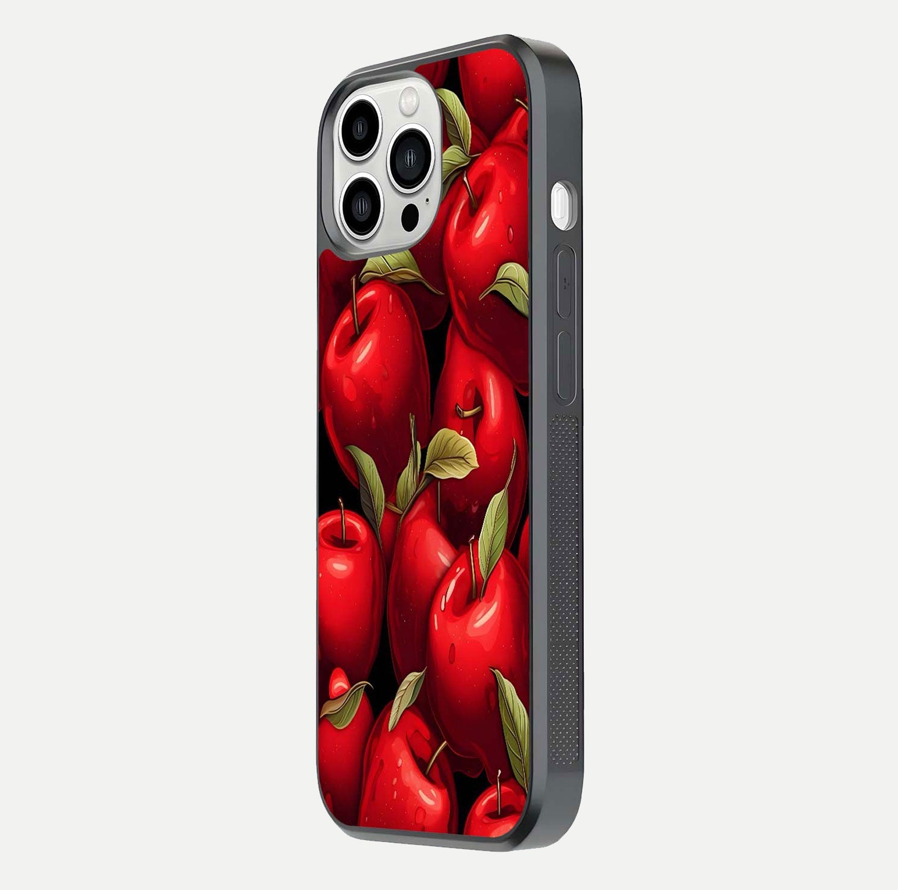Apple Pattern Glass Case for iPhone 13 Pro Max side-angle image showcasing minimalist apple print and gloss reflection