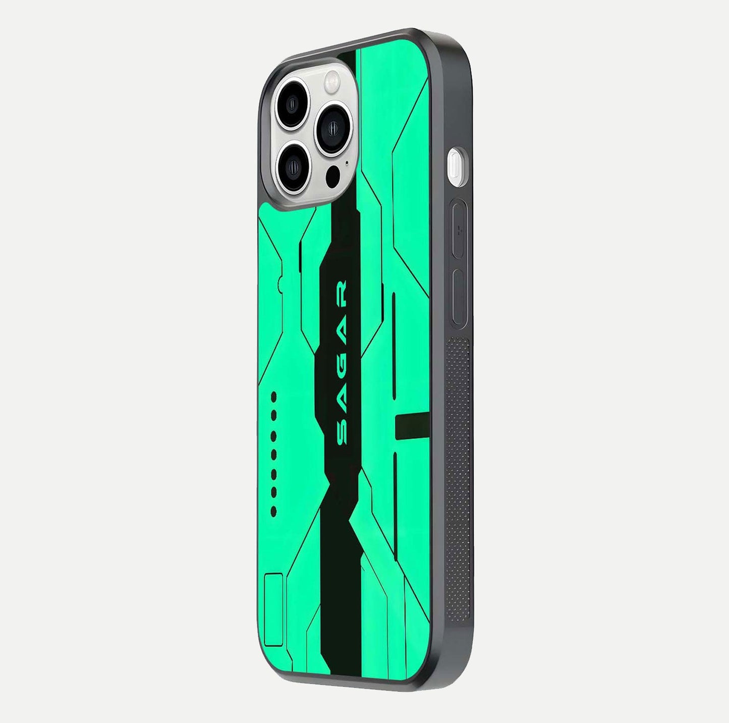 Aqua Tech CYBERPUNK Custom Name Glass Case for iPhone 13 Pro Max side-angle image with glowing edges and glossy surface