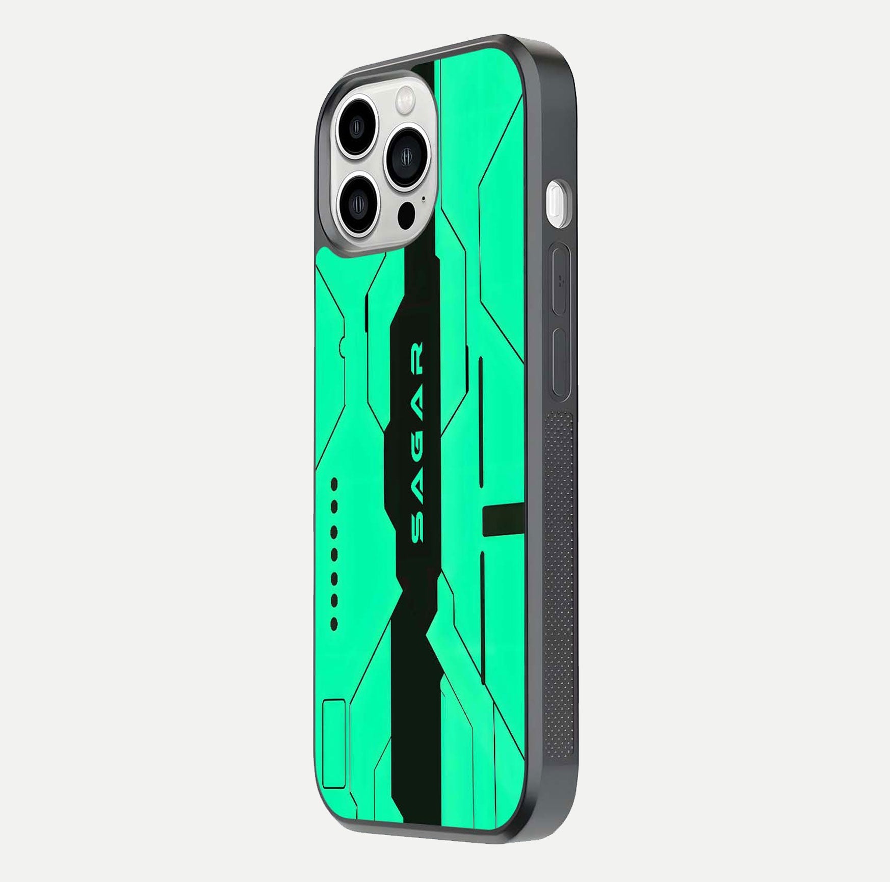 Aqua Tech CYBERPUNK Custom Name Glass Case for iPhone 13 Pro Max side-angle image with glowing edges and glossy surface