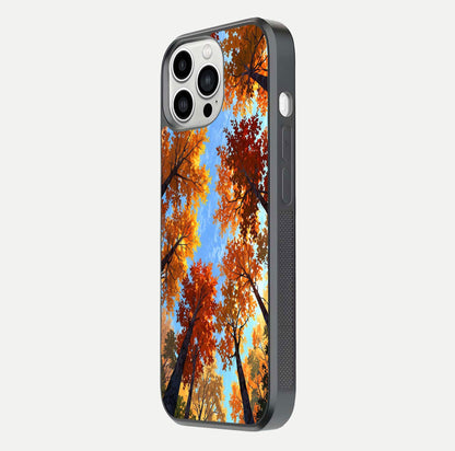 Autumn Sky Rise Glass Case for iPhone 13 Pro Max side-angle showing autumn art tones and protective corners