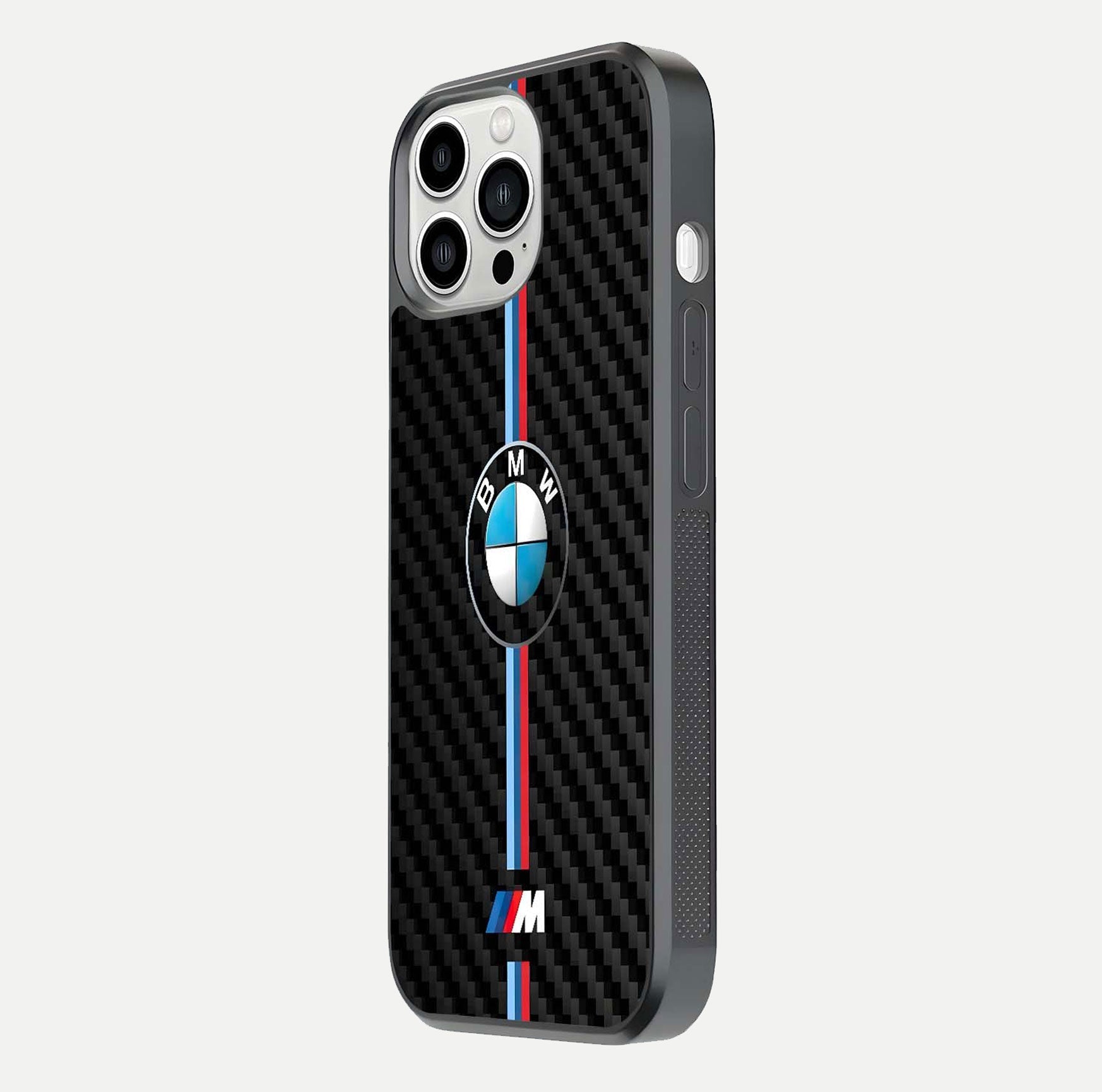 BMW Pattern Glass Case for iPhone 13 Pro Max side-angle image showing edge finish and luxury car-inspired shine