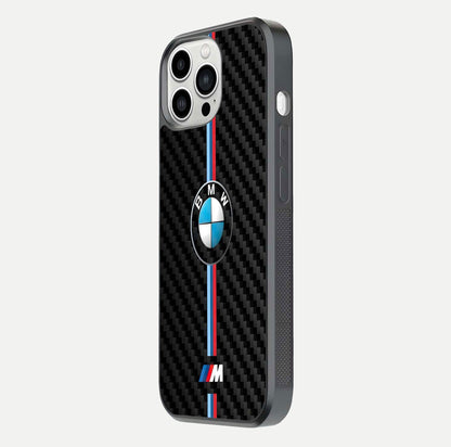 BMW Pattern Glass Case for iPhone 13 Pro Max side-angle image showing edge finish and luxury car-inspired shine