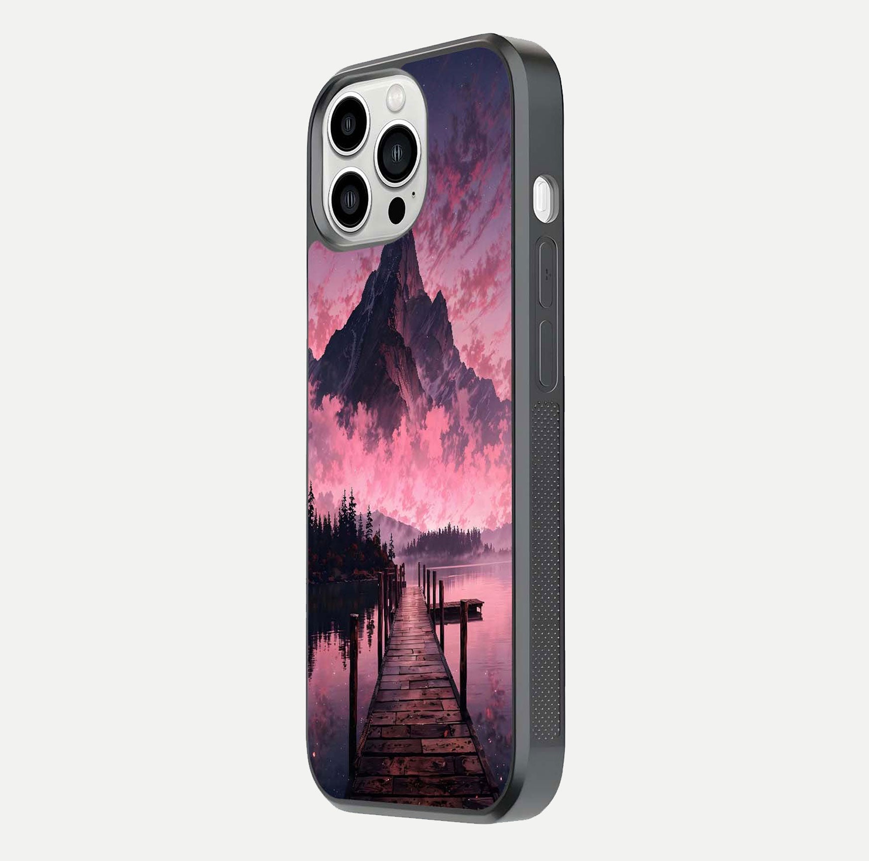 Beautyful Mountain View Glass Case for iPhone 13 Pro Max side-angle image displaying mountain artwork and gloss surface