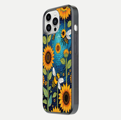 Bees & Sunflowers Glass Case for iPhone 13 Pro Max side-angle image showing bee pattern alignment and shiny protective surface