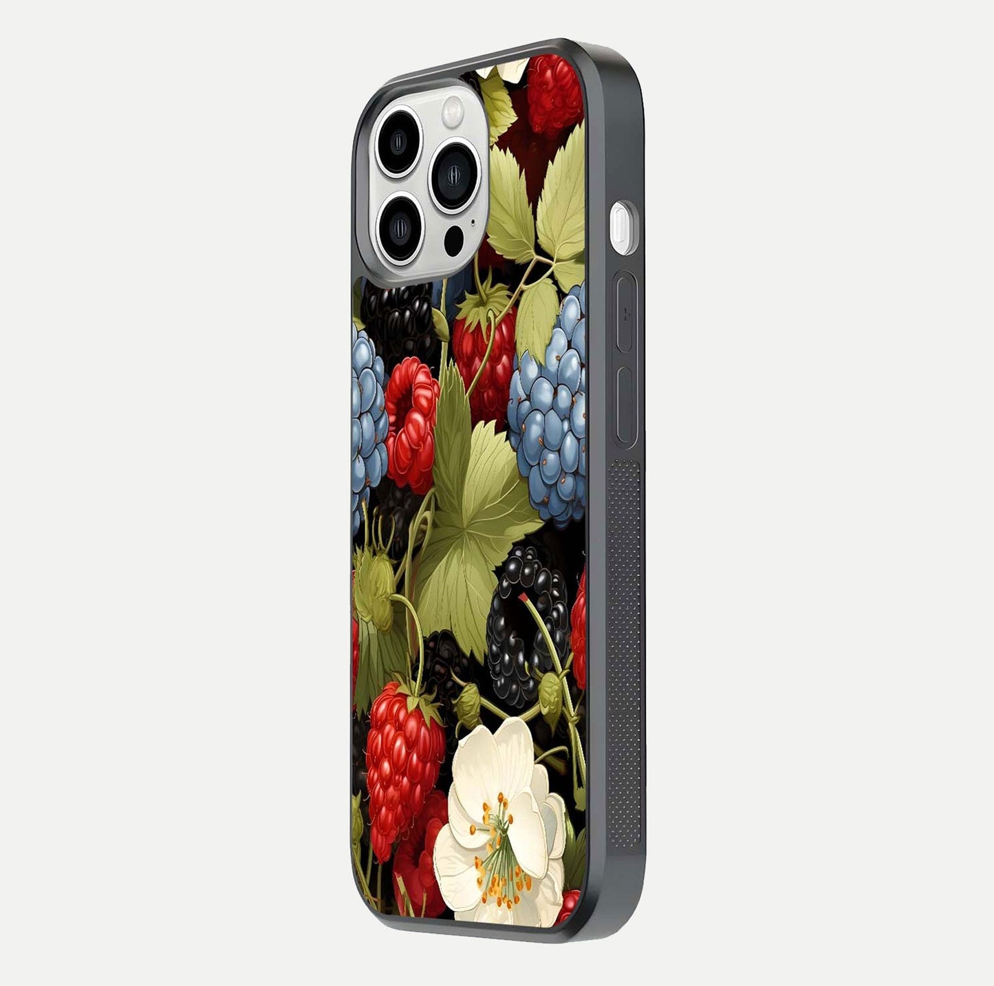 Berry Bloom Charm Glass Case for iPhone 13 Pro Max side-angle image showing floral texture and high-definition print gloss