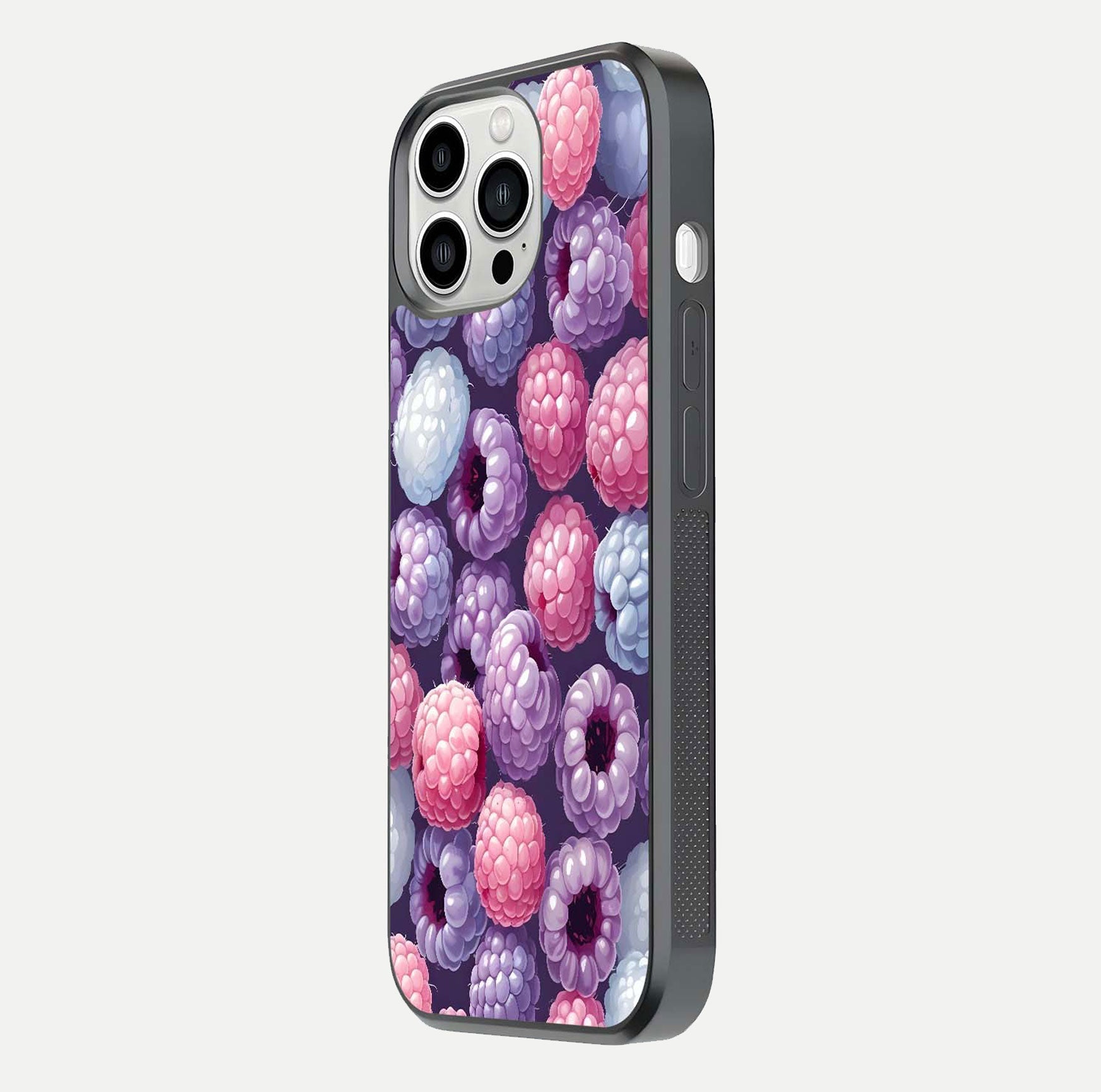 Berry Candy Pop Glass Case for iPhone 13 Pro Max side-angle image with bright color tones and smooth reflection