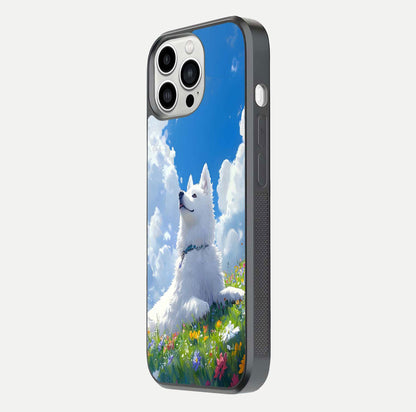 Blissful Cloud Pup Glass Case for iPhone 13 Pro Max side-angle shot displaying puppy print and glossy texture