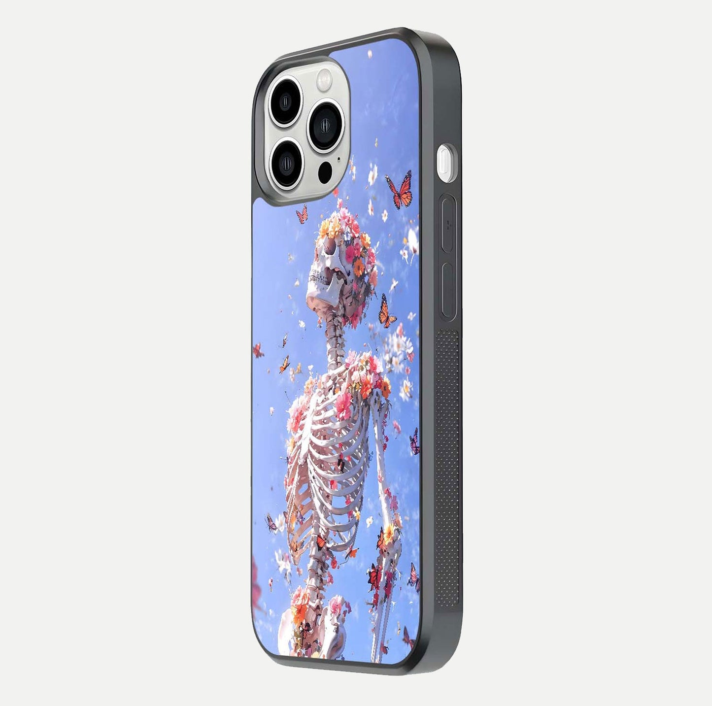 Bloom Beyond Bones Glass Case for iPhone 13 Pro Max side-angle image highlighting print precision and gloss finish