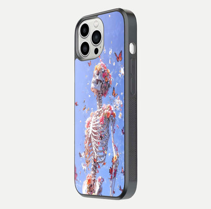 Bloom Beyond Bones Glass Case for iPhone 13 Pro Max side-angle image highlighting print precision and gloss finish