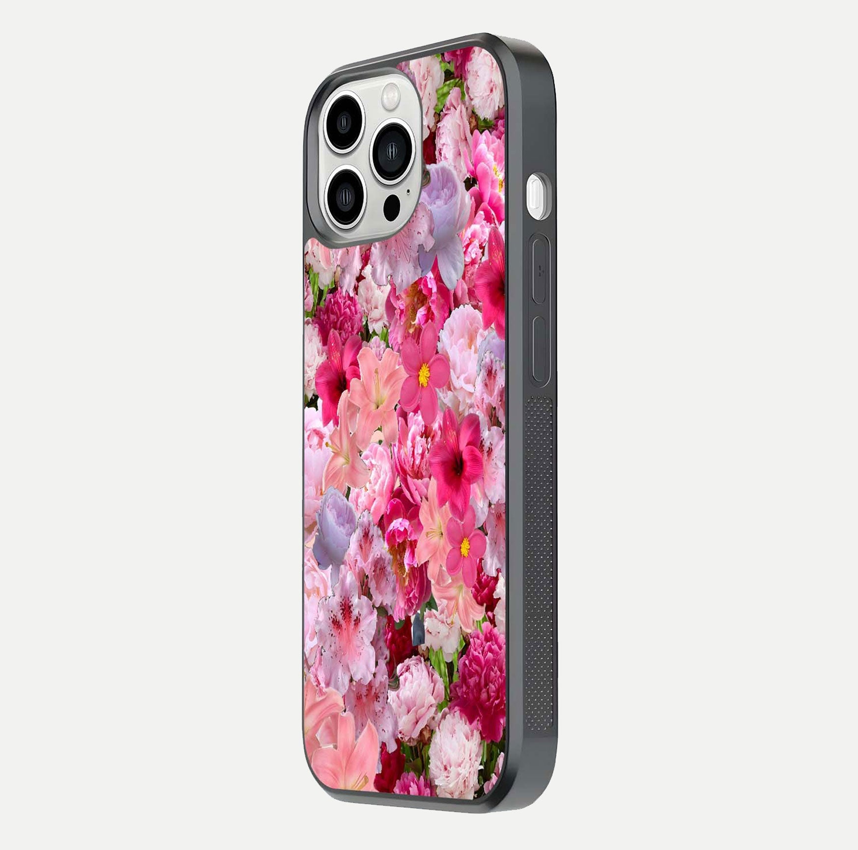 Bloom Crush Fantasy Glass Case for iPhone 13 Pro Max side-angle shot with fantasy bloom art and gloss surface