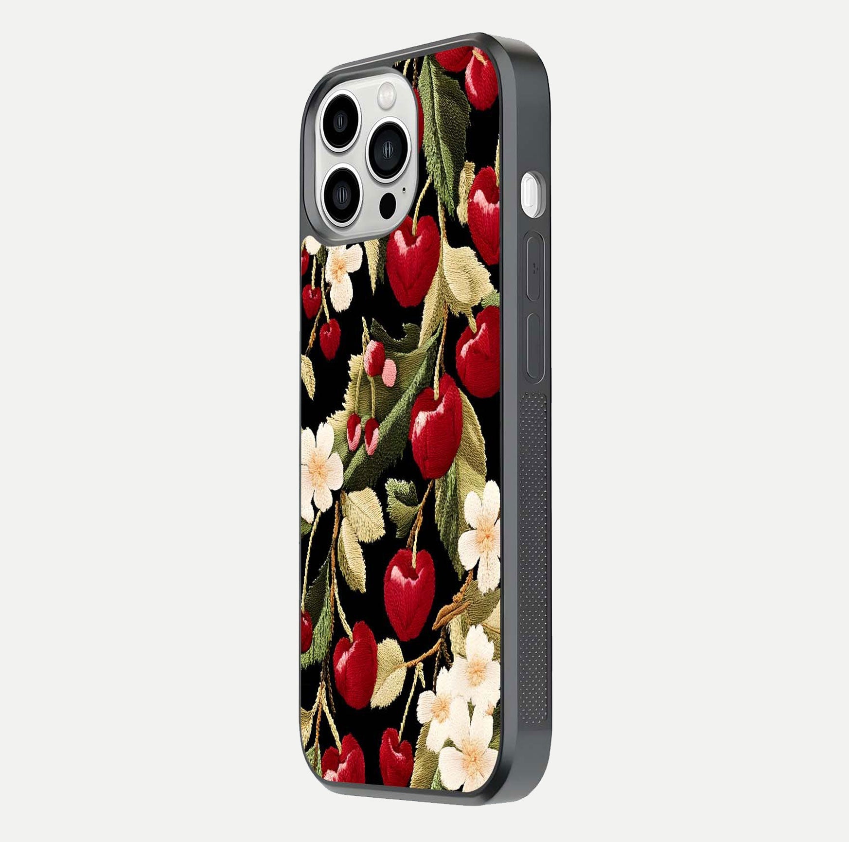 Bloom Thread Art Glass Case for iPhone 13 Pro Max side-angle image showing texture depth and gloss reflection