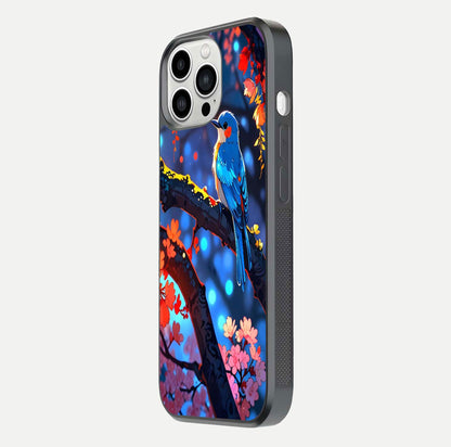 Blooming Spendor Bird Glass Case for iPhone 13 Pro Max side-angle photo showing floral wings and reflection finish