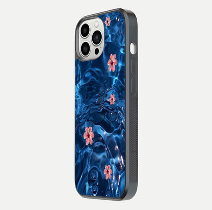 Blooming Water Drift Glass Case for iPhone 13 Pro Max side-angle image showcasing blossom flow, curved corners, and HD glass gloss