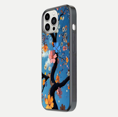 Blossom Dream Sky Glass Case for iPhone 13 Pro Max side-angle photo showing flower details, edge curve, and reflection shine