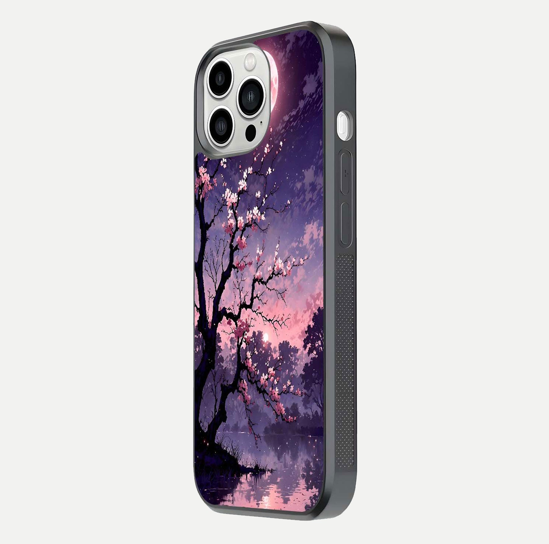 Blossom Pink Moon Glass Case for iPhone 13 Pro Max side-angle image showing glossy curve and floral-moon balance