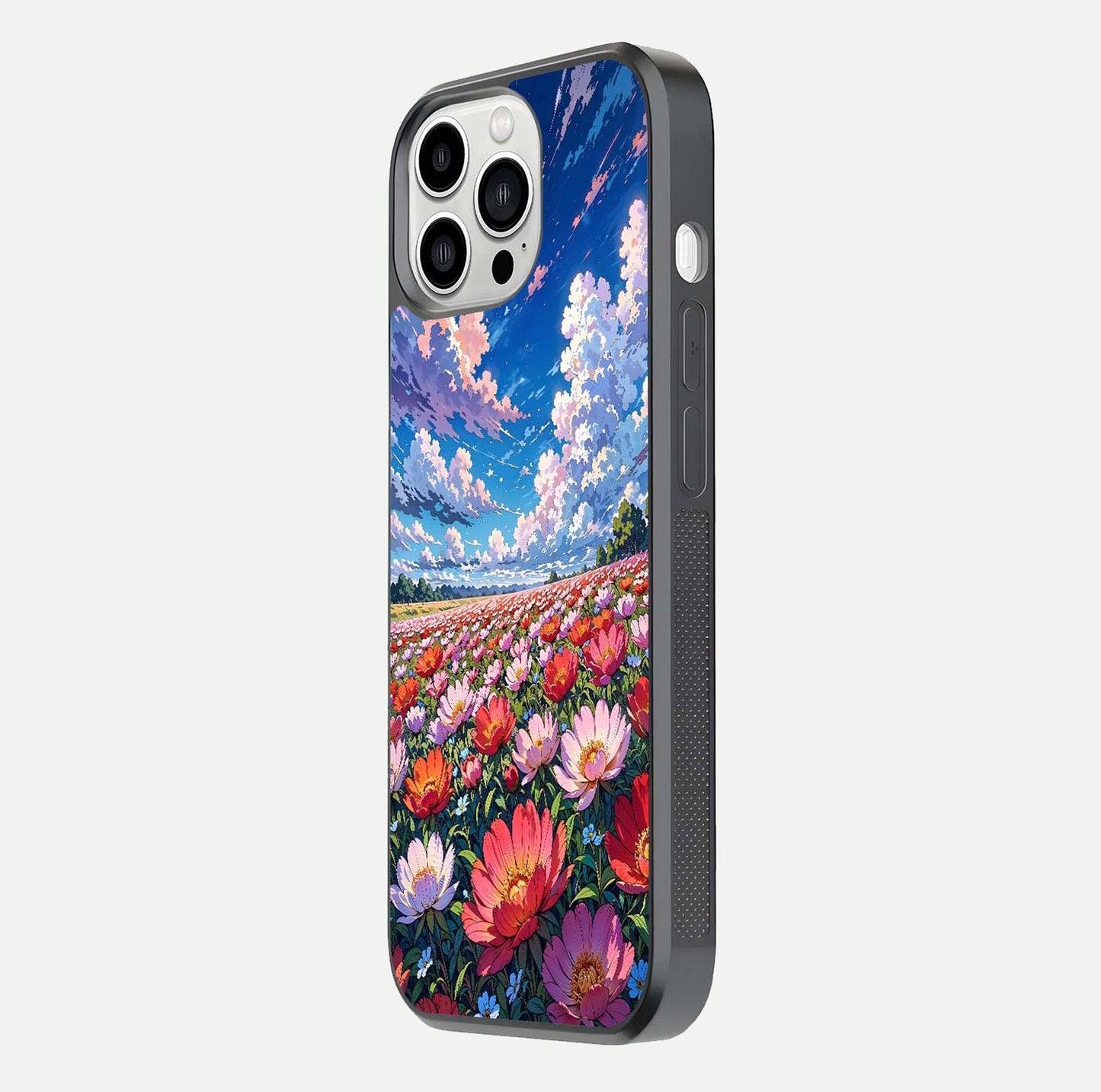 Blossom Sky Field Glass Case for iPhone 13 Pro Max side-angle showing sky hues, blossom texture, and reflective shine