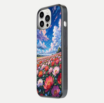Blossom Sky Field Glass Case for iPhone 13 Pro Max side-angle showing sky hues, blossom texture, and reflective shine