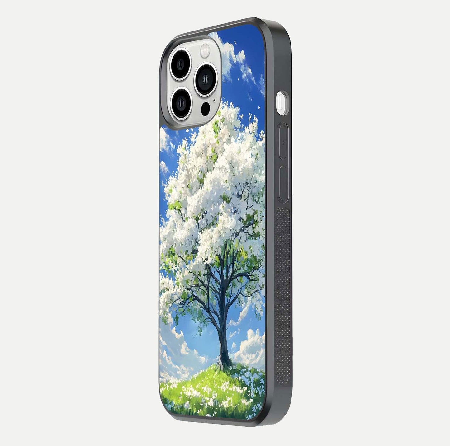 Blossom Sky Serenity Glass Case for iPhone 13 Pro Max side-angle image showing elegant edge flow and light reflection