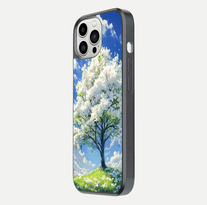 Blossom Sky Serenity Glass Case for iPhone 13 Pro Max side-angle image showing elegant edge flow and light reflection