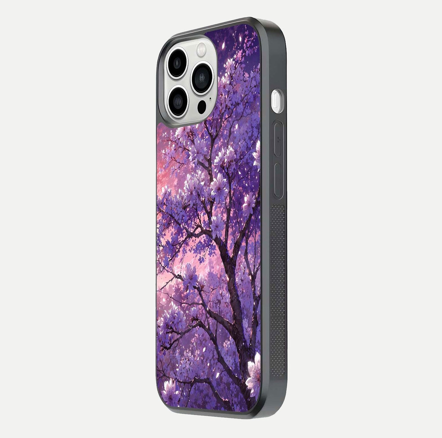 Blossom Tree Glass Case for iPhone 13 Pro Max side-angle image showing floral tree artwork and reflection gloss