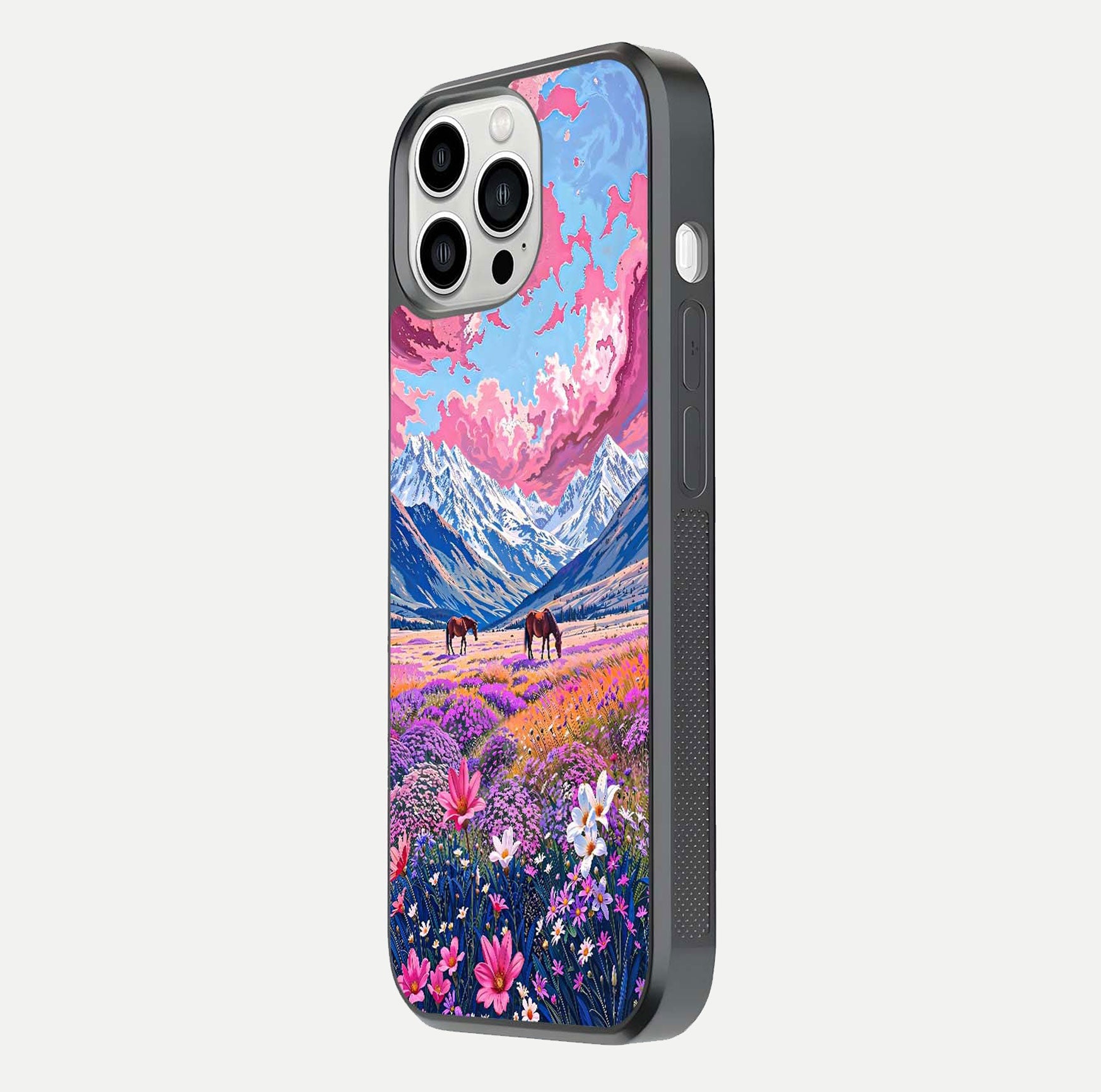 Blossom Valley Dream Glass Case for iPhone 13 Pro Max side-angle shot showcasing bloom tones and gloss texture