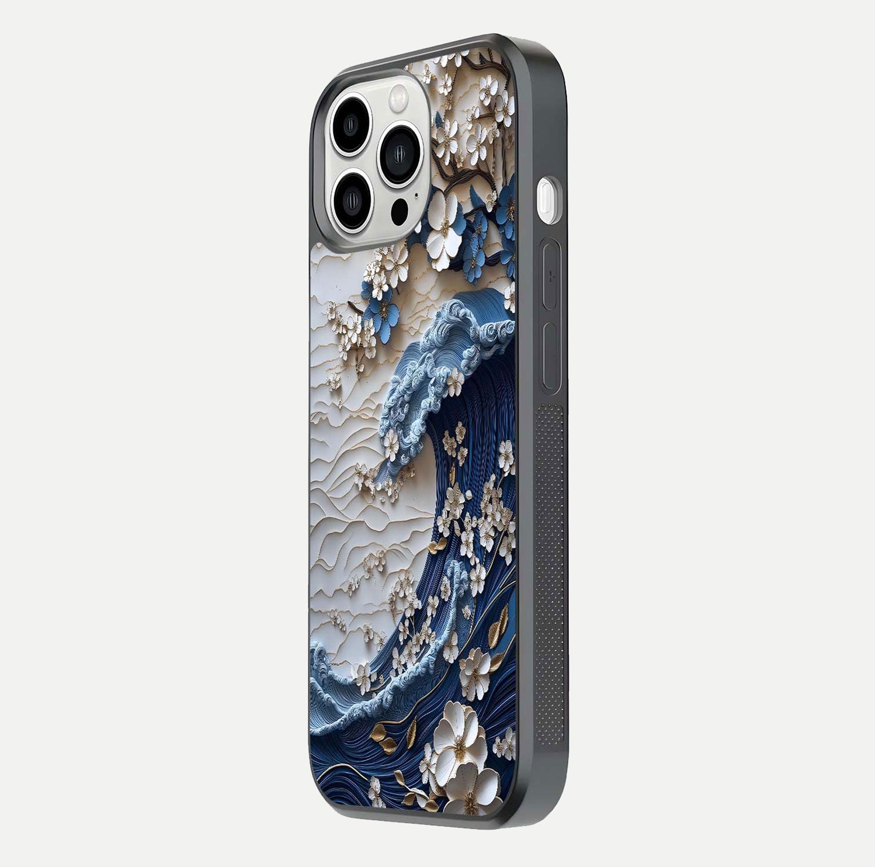 Blossom Wave Art Glass Case for iPhone 13 Pro Max side-angle view showing wave-flow print and gloss edge finish