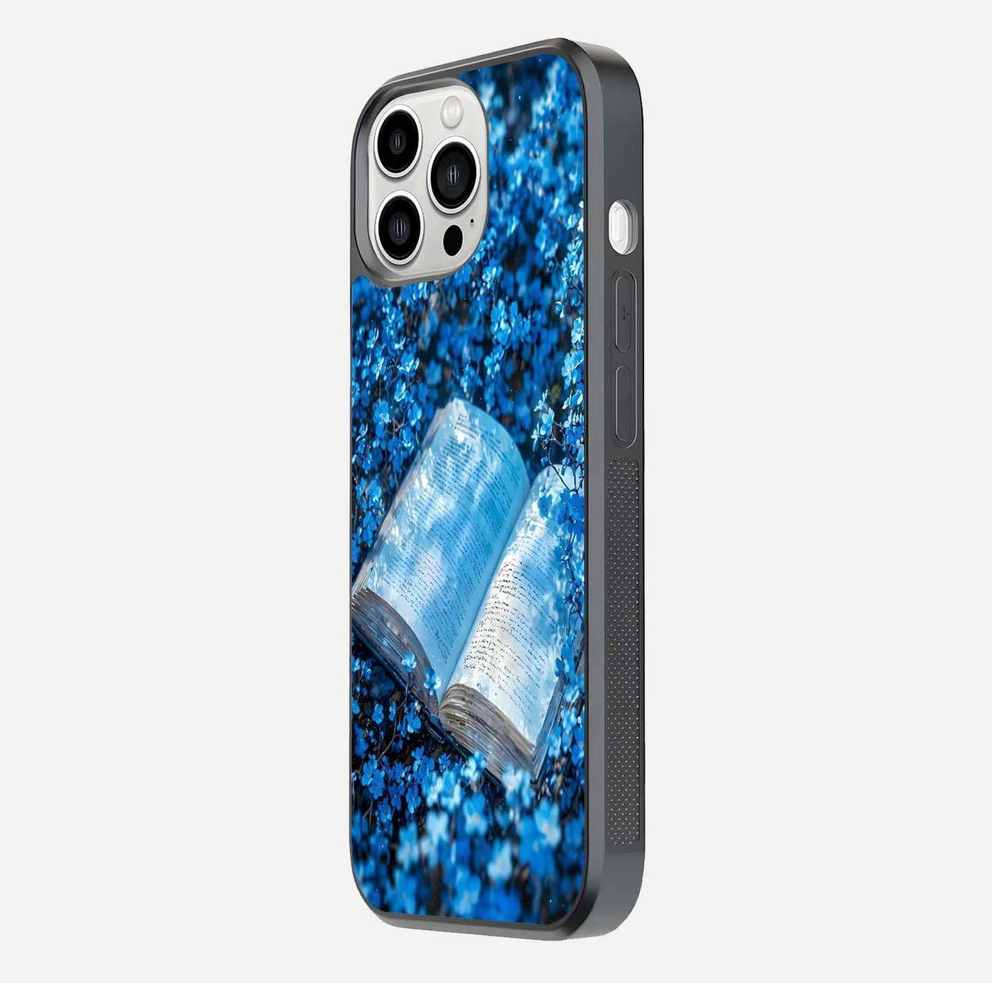 Blue Bloom Tales Glass Case for iPhone 13 Pro Max side-angle image showing blue floral pattern and glossy finish