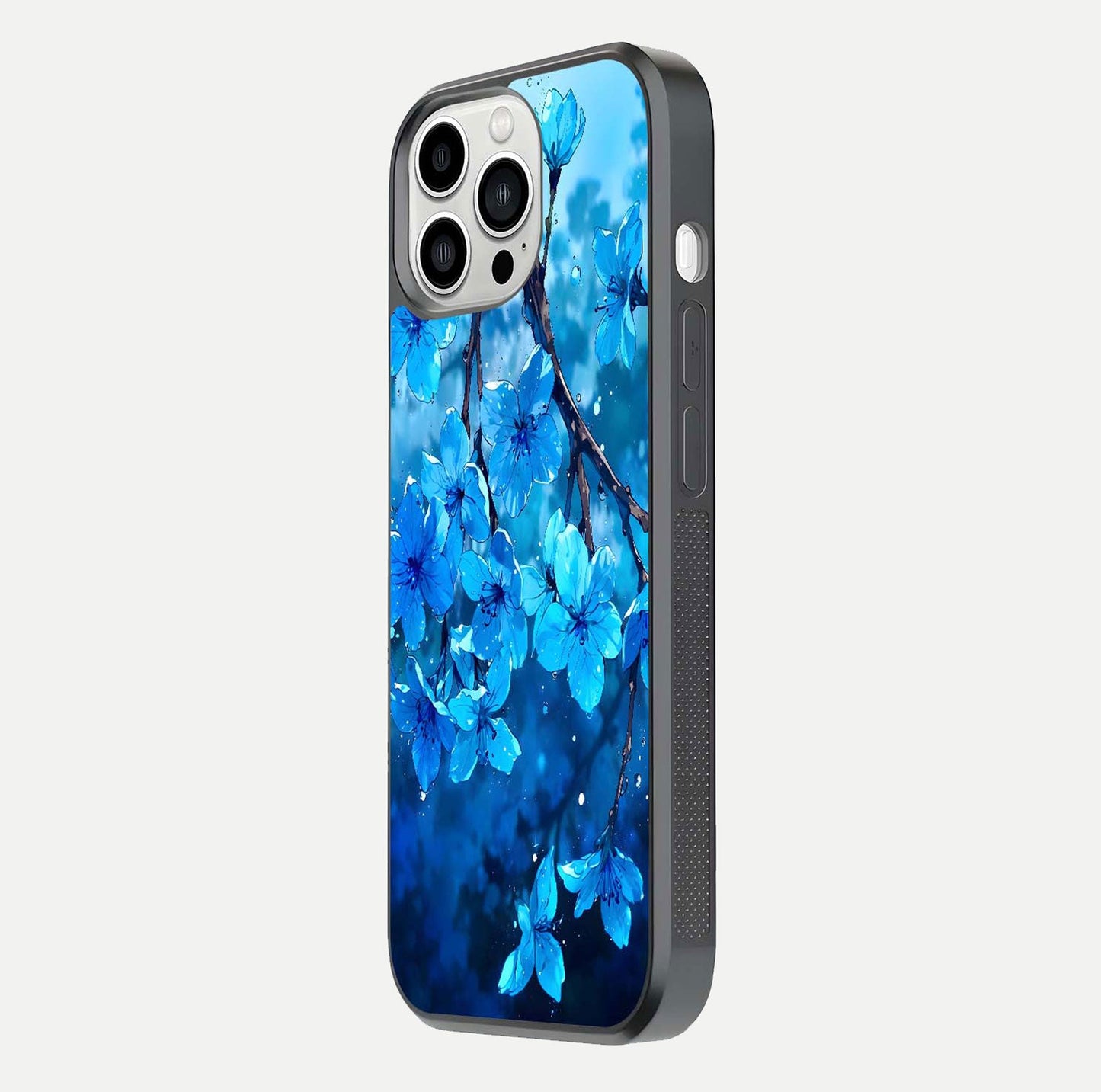 Blue Blossoms Branch Glass Case for iPhone 13 Pro Max side-angle image showing blossom pattern flow and glossy texture