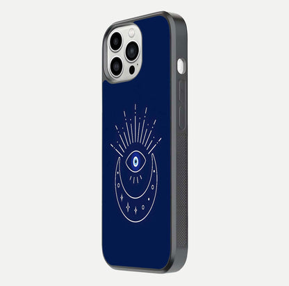 Blue Evil Eye Glass Case for iPhone 13 Pro Max side-angle view showing edge glow, color balance, and reflective surface