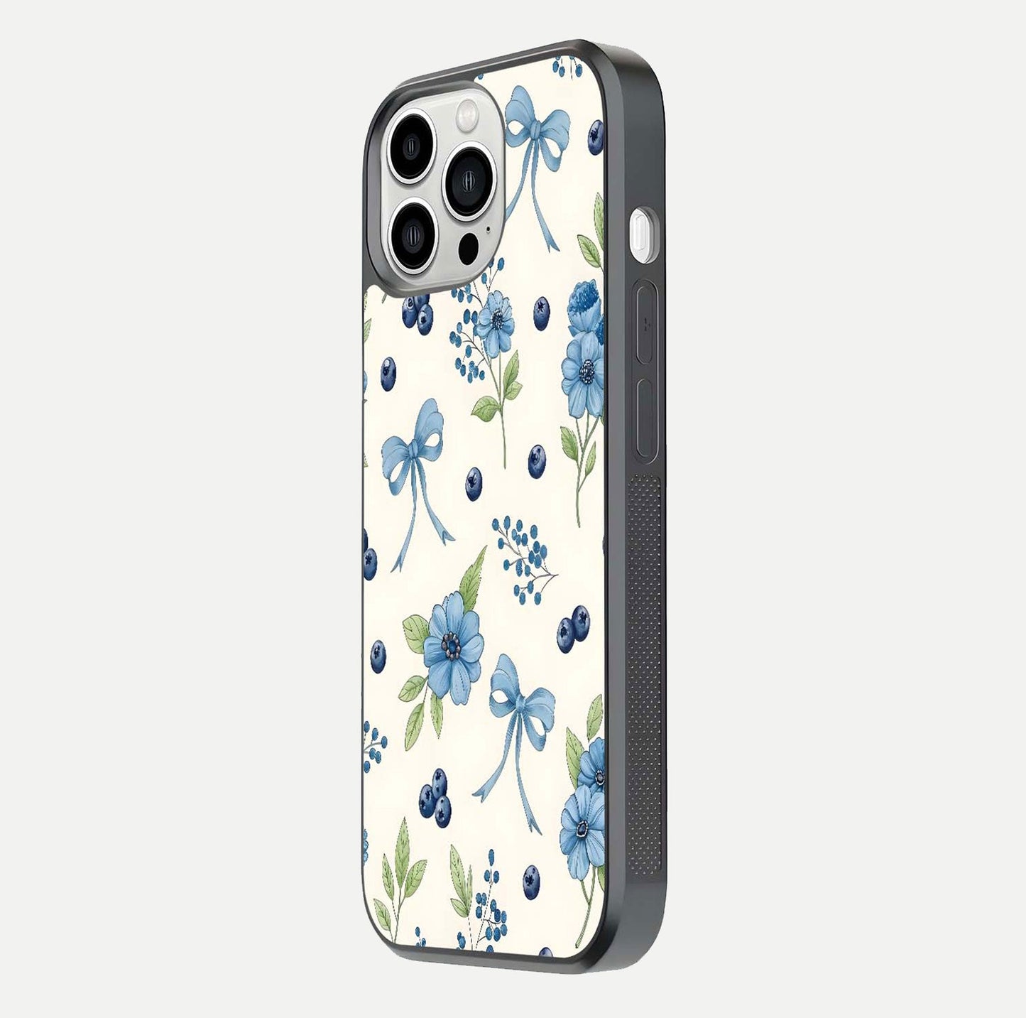 Blue Flower & Bow Glass Case for iPhone 13 Pro Max side-angle image showing bow-floral mix and HD finish shine