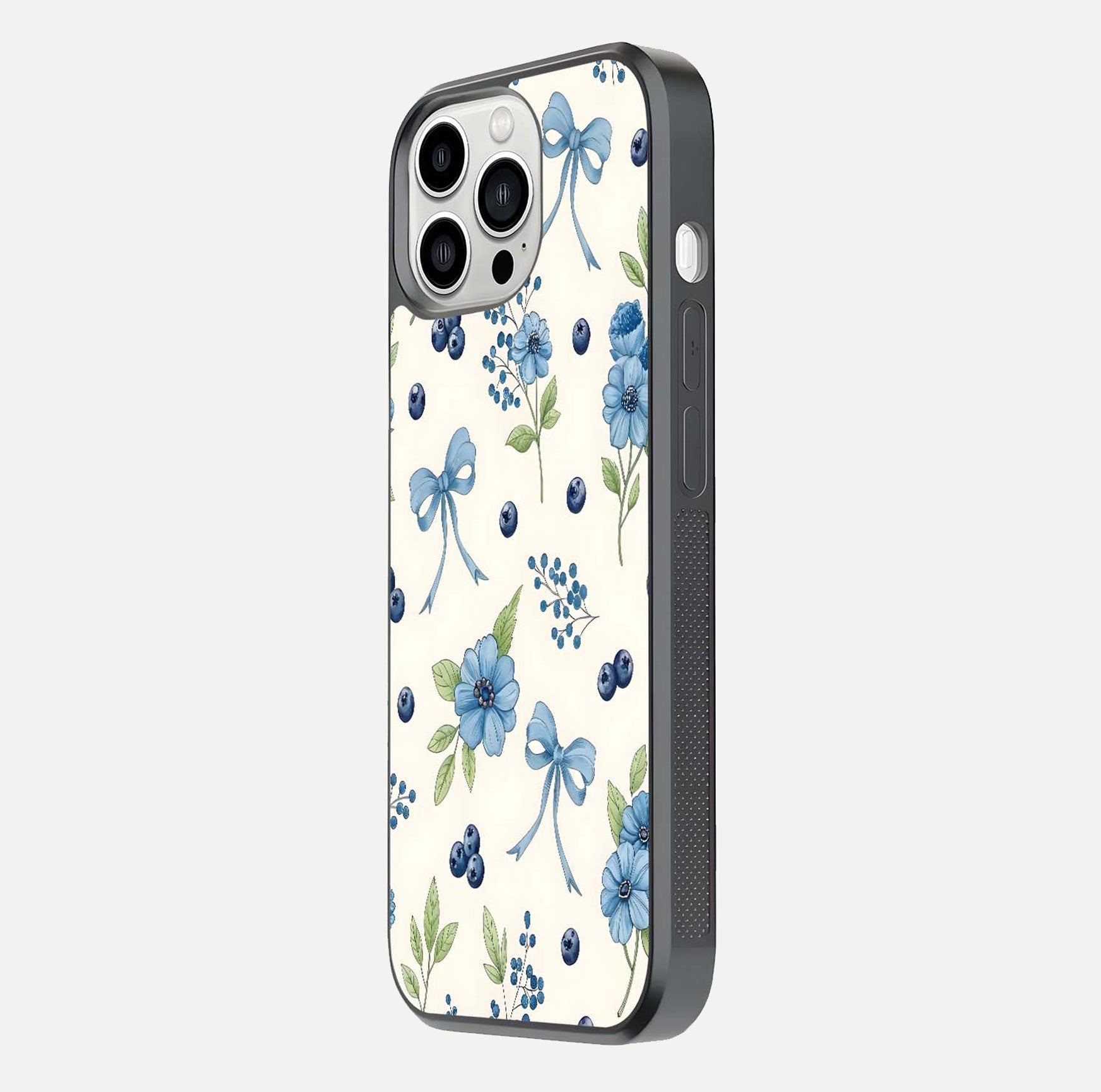 Blue Flower & Bow Glass Case for iPhone 13 Pro Max side-angle image showing bow-floral mix and HD finish shine